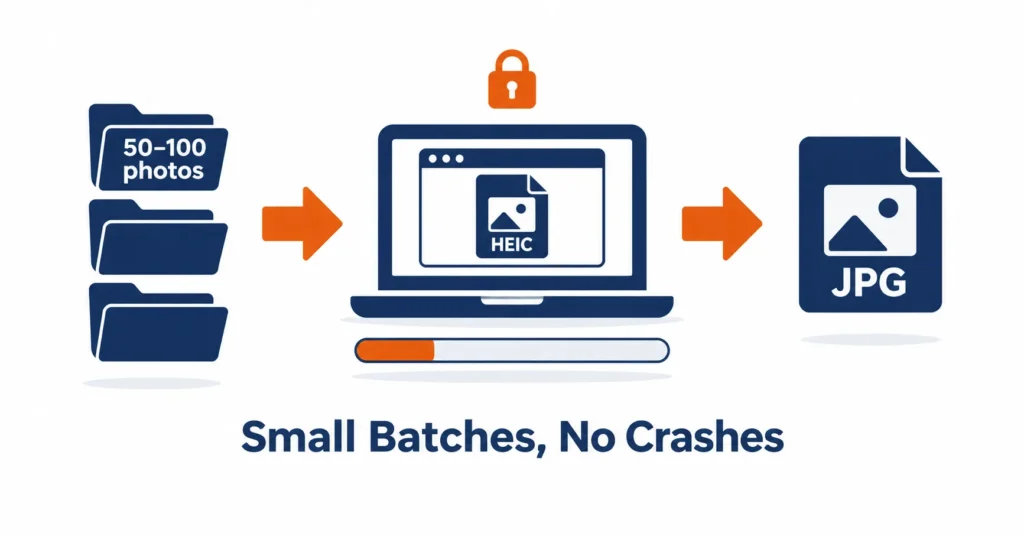 Batch convert heic low ram laptop workflow: photo folders flowing through a browser converter