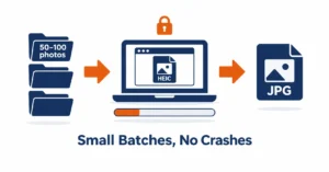 Batch convert heic low ram laptop workflow: photo folders flowing through a browser converter