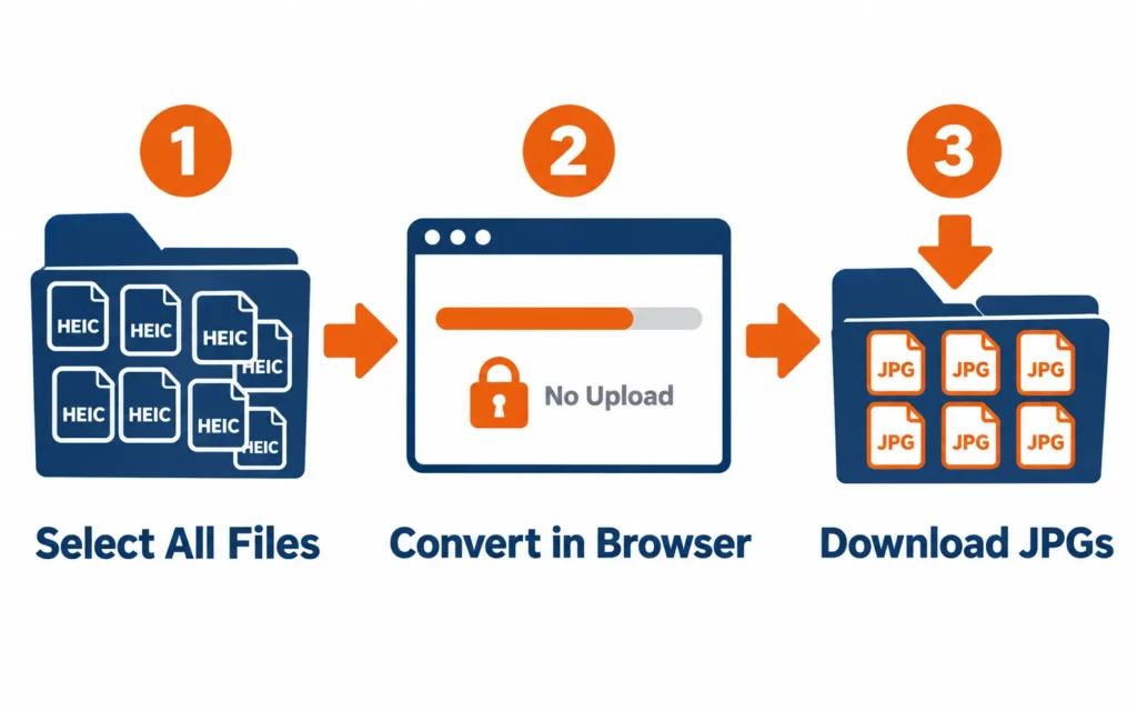 Three-step visual for batch convert heic to jpg: select files, convert, download