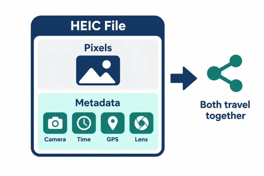 Diagram showing heic metadata on iphone stored alongside pixels inside one photo file