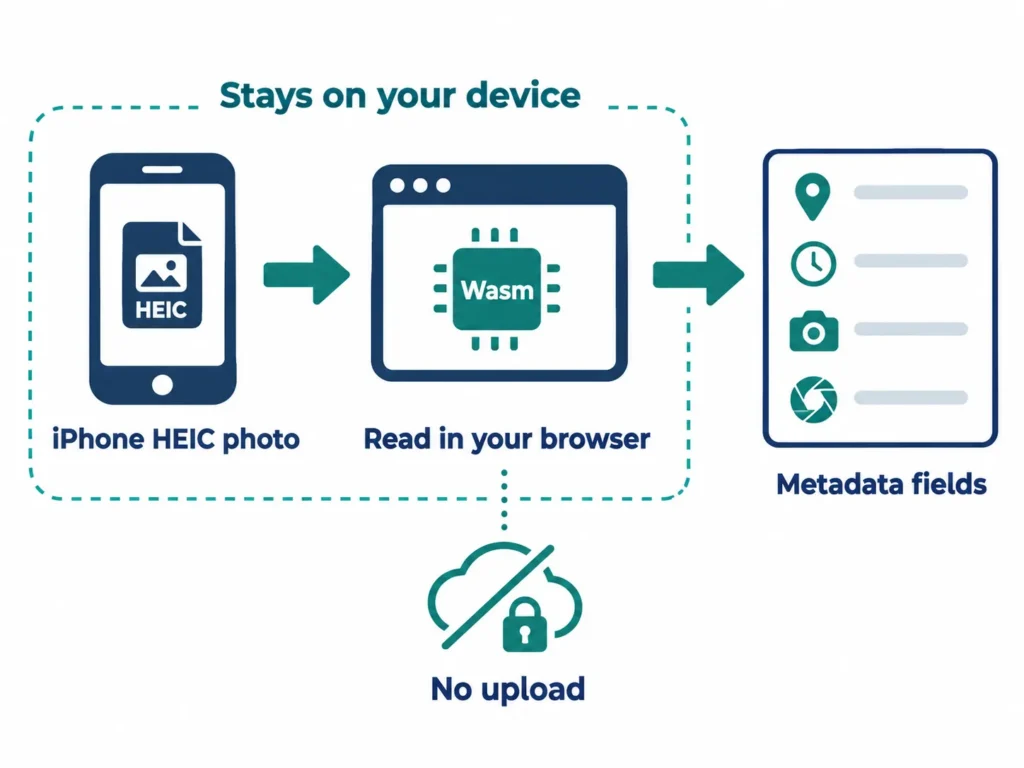 Flow diagram of iphone heic metadata being read locally in a browser with no upload