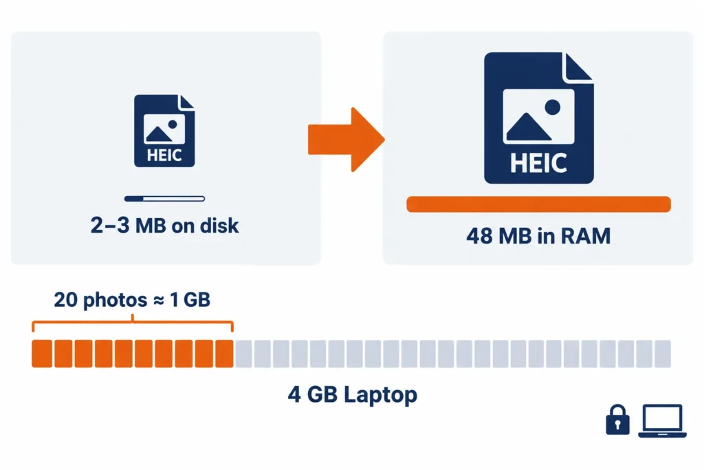 Batch Convert Heic On A Low-Ram Laptop: 1,000+ Iphone Photos 2 Diagram for batch convert heic low ram laptop showing a 3 mb file expanding to 48 mb in memory
