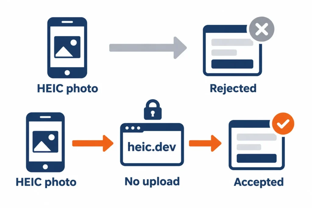 Diagram showing heic not supported on social media upload forms until the photo becomes jpg