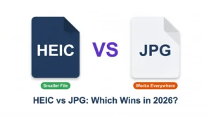 Side-by-side heic vs jpg format comparison graphic showing file size and compatibility differences in 2026