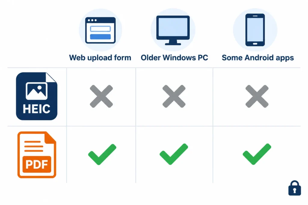 Heic To Pdf: How To Turn Iphone Photos To Documents 2 Heic to pdf compatibility diagram showing heic blocked by forms and pdf accepted everywhere