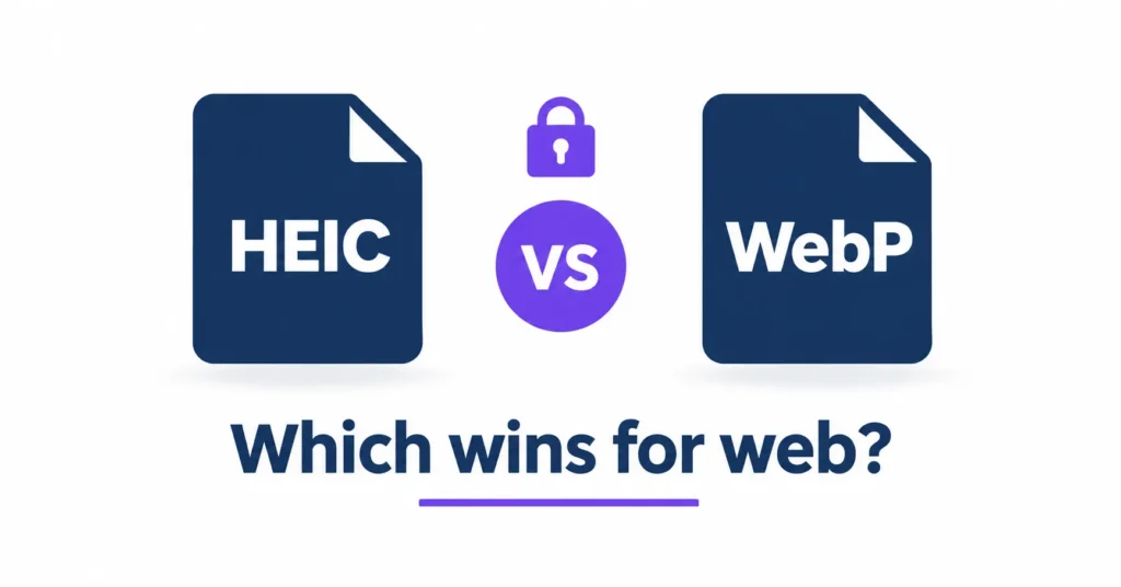 Side-by-side comparison of heic vs webp image formats for web use with padlock icon
