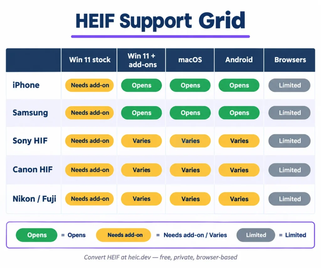 Heif Compatibility Windows 11, Android &Amp; Web Index (2026) 3 Heif compatibility windows 11 comparison grid of phone and camera files across five platforms