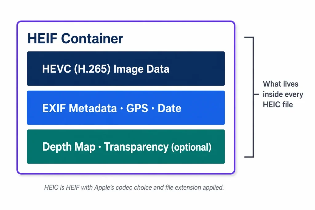 Diagram illustrating the heif container format containing hevc codec, metadata, and depth map layers