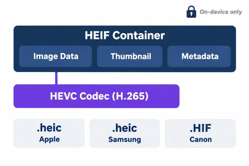 Heif Vs Heic Codec Differences On Iphone, Samsung And Canon 2 Concept illustration of heif container holding hevc data, explaining heif vs heic codec differences