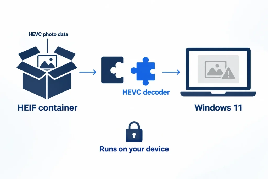 Heif Compatibility Windows 11, Android &Amp; Web Index (2026) 2 Heif compatibility concept: container holding hevc photo data with a missing decoder on a windows 11 pc