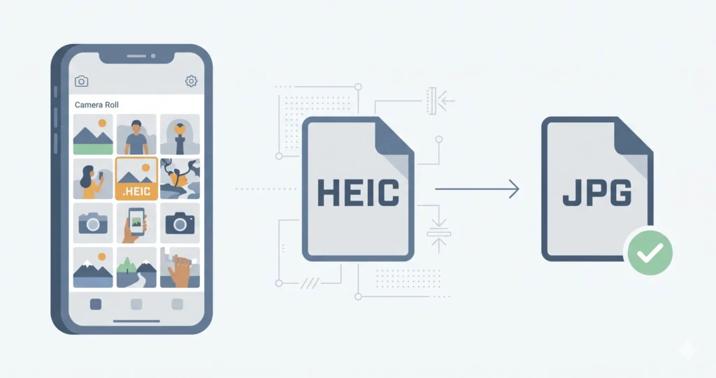 A HEIC file icon displayed on an iPhone screen next to a JPG file for comparison, illustrating what is a HEIC file.