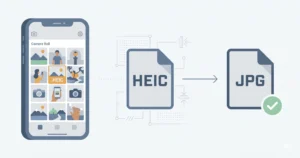 A HEIC file icon displayed on an iPhone screen next to a JPG file for comparison, illustrating what is a HEIC file.