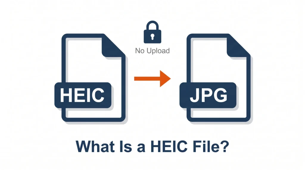 Diagram explaining what a heic file is, showing the apple iphone camera format icon converting to jpg